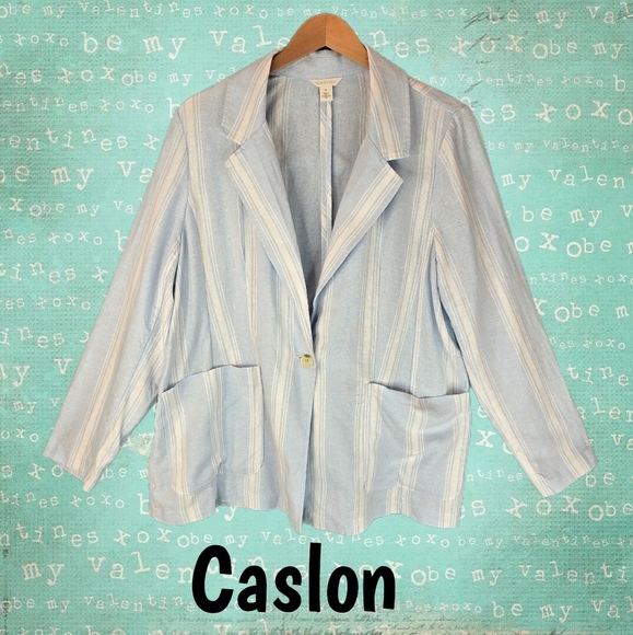 Caslon Women Summer Blazer Sz 1X Light Blue White Striped Linen Blend Casual - Picture 1 of 13
